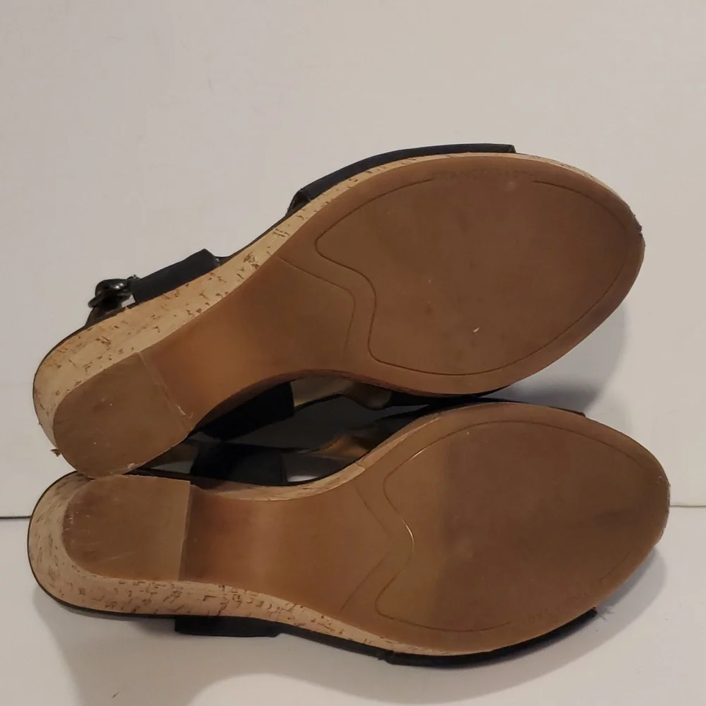 Franco Sarto Gabriel Black Leather Cork Wedge Sandals Size 8.5M